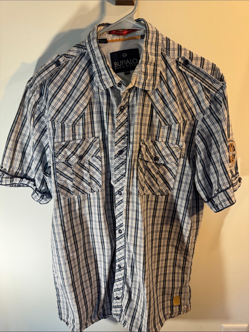 Buffalo David Bitton Blue and White Plaid Short Sleeve Button Down Shirt